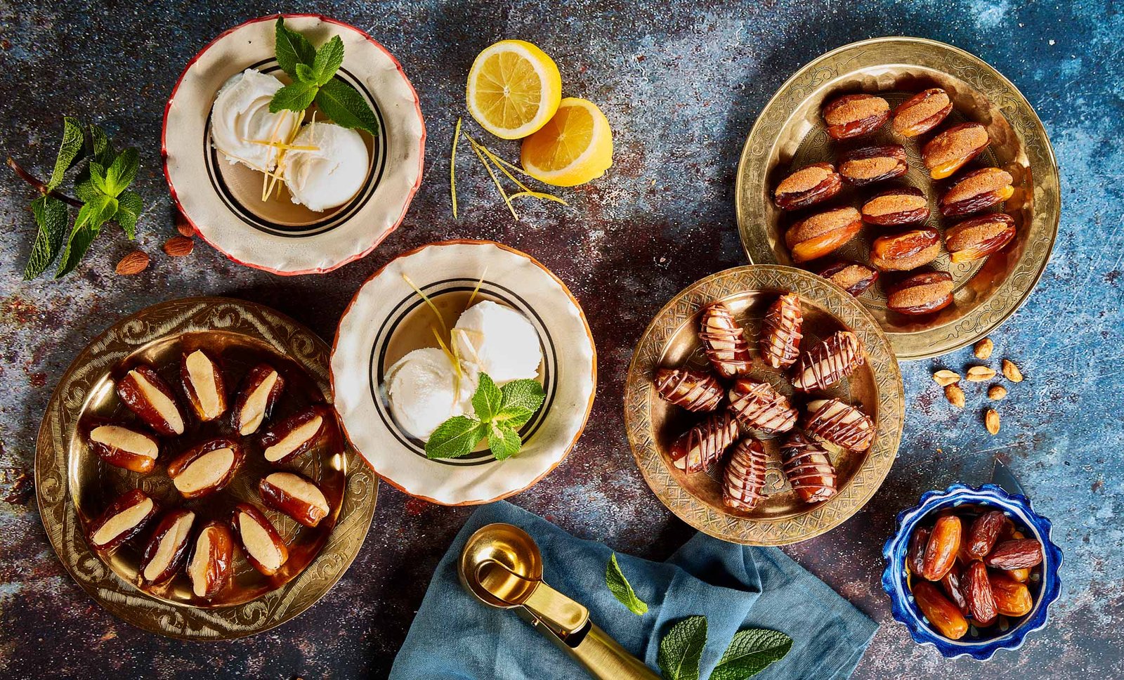 photographie culinaire de recettes algériennes, dattes farcies et sorbet citron pour un livre sur la cuisine algérienne