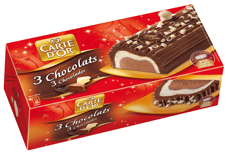 boite de buche glacée 3 chocolats avec un exemplaire de bûche pris par un photographe culinaire packaging