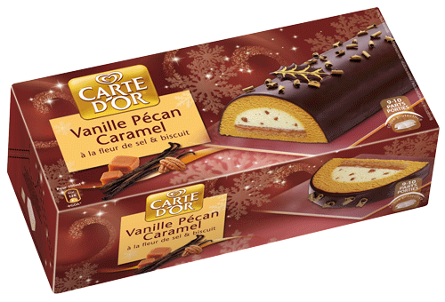 boite de bûche glacée vanille pécan caramel avec photographie culinaire de la bûche en gros plan