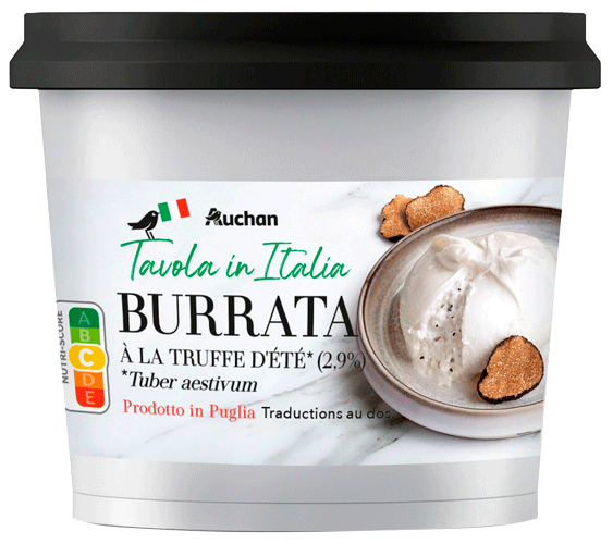 pot de burrata à la truffe d'été avec une photographie culinaire packaging de la burrata dans une assiette et quelques rondelles de truffe