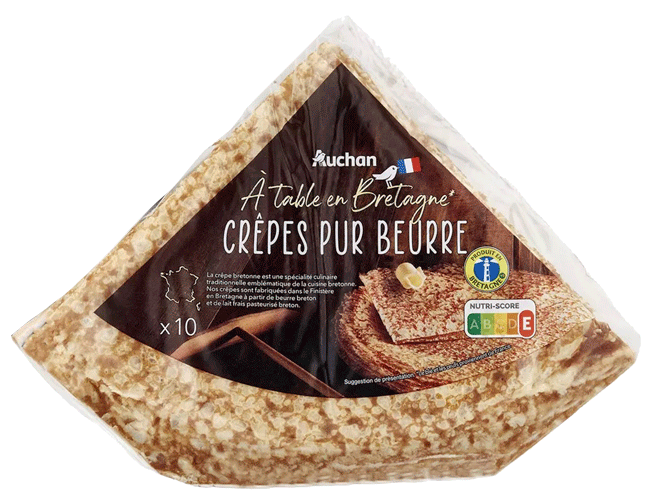 paquet de crêpes pur beurre avec photographie d'une pile de crêpes, coquillette de beurre et accessoire