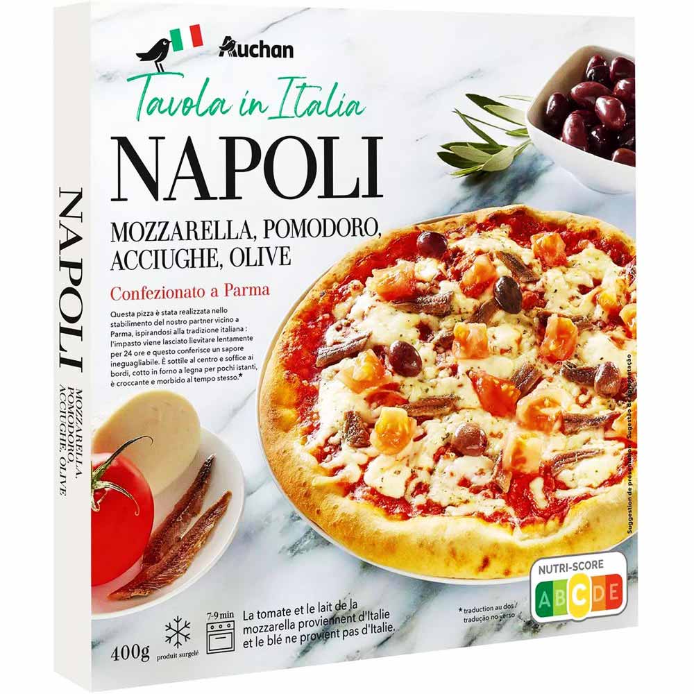 exemple de photographie culinaire packaging, emballage d'une pizza Napoli Auchan