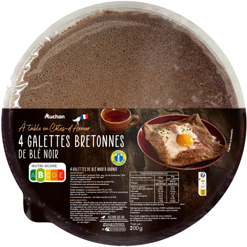 pack de 4 galettes bretonnes avec la photographie culinaire d'une galette à l'oeuf et au jambon bien visible