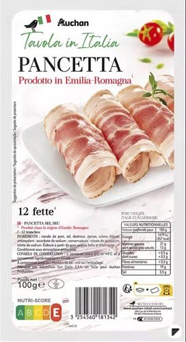 visuel de packaging alimentaire avec rouleaux de pancetta dressés sur un plateau